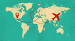 Retro vintage textured world map. Airplane line path vector icon of air plane flight route with start point and dash line trace.	