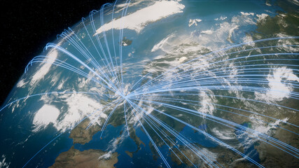 Earth in Space. Blue Lines connect Brussels, Belgium with Cities across the World. Global Travel or Communication Concept.