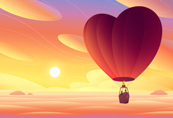 Premium vector illustration. Lovers fly in a hot air balloon. Sunset.