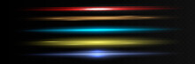 Horizontal Lens Flare Set. Laser Beams, Horizontal Light Beams. Beautiful Flashes Of Light. Glowing Stripes On A Dark Background. Glowing Abstract Sparkling Lined Background.