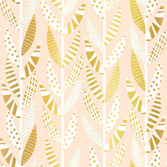 Wall Mural - Vertical climbing plants abstract leaves seamless golden vector pattern. Modern foliage repeating metallic gold foil background. Geometric elegant leaf backdrop modern for fabric, wallpaper, decor.