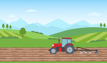 Tractor Plowing The Field On Rural Landscape Background. Agriculture Concept. Vector Illustration.