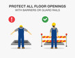 © flatvectors - Workplace golden safety rule. Protect all floor openings with barriers or guard rails warning poster design. Flat vector illustration template.