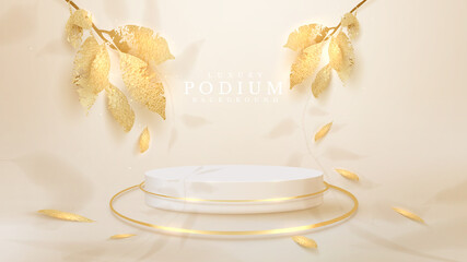 White podium with golden leaves with falling shadows, 3d style realistic luxury background, Empty space to place products or text for advertising. vector illustration.