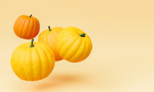 Pumpkins Floating In The Air. Autumn And October Concept