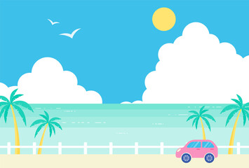 vector background with a car driving along the coast in summer for banners, cards, flyers, social media wallpapers, etc.