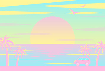 Canvas Print - vector background with sunset on the beach with palms and a car for banners, cards, flyers, social media wallpapers, etc.