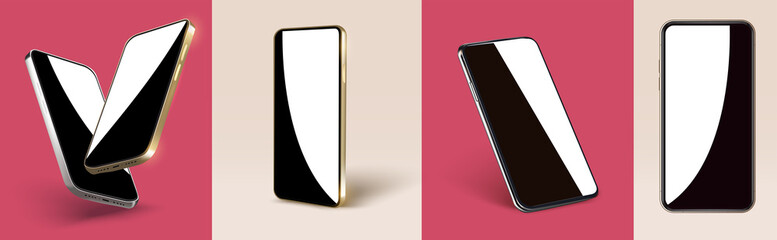 Aufkleber - Realistic layout of a golden smartphone, a flying 3d scene of a mobile device with a blank screen. The mirrored glass of the mobile phone is displayed. A template for a product presentation. Vector