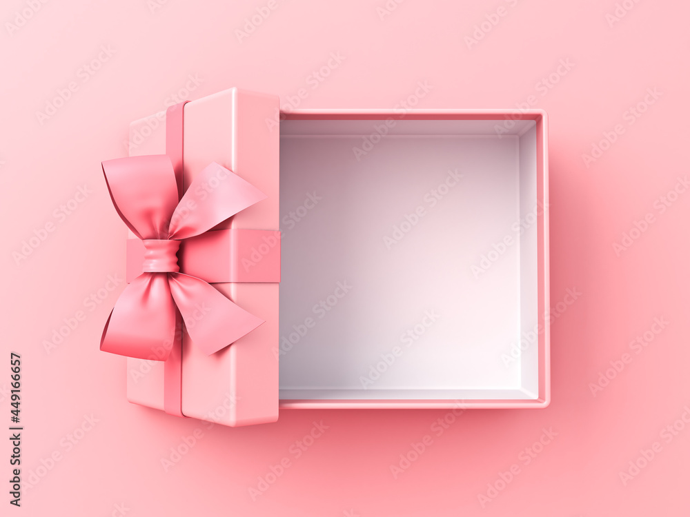 Opened gift box or top view of blank pink pastel color present box tied ...