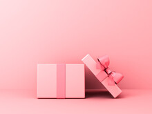 Open Gift Box Or Blank Pink Pastel Color Present Box Tied With Pink Ribbon And Bow Isolated On Pink Pastel Color Background With Shadow Minimal Conceptual 3D Rendering