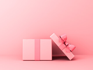 Wall Mural - Open gift box or blank pink pastel color present box tied with pink ribbon and bow isolated on pink pastel color background with shadow minimal conceptual 3D rendering