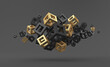 Abstraction from flying gold and black cubes on a gray background. 3d render illustration for ideas.