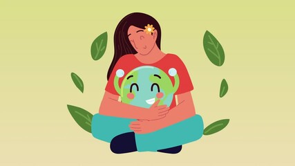 Sticker - ecology animation with woman protecting earth planet