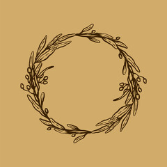 Wall Mural - Round frame with branch of olive. Hand drawn vintage floral wreath with branches and leaves. Decorative elements for design. Vector illustration isolated