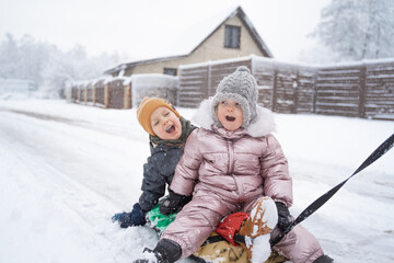 Wall Mural - In winter, in the snow, happy brother and sister go sledding