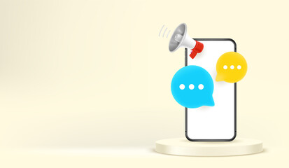 Poster - Smartphone mockup with speech clouds and megaphone. Horizontal banner