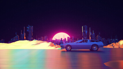 Wall Mural - RETRO CITY SKYLINE WITH CAR: Neon glowing sun, car and starry sky | Synthwave / Retrowave / Vaporwave Background | 3D Illustration