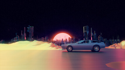 Wall Mural - RETRO CITY SKYLINE WITH CAR: Neon glowing sun, car and starry sky | Synthwave / Retrowave / Vaporwave Background | 3D Illustration