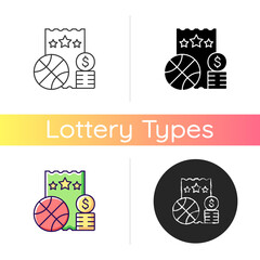 Wall Mural - Sports lottery icon. Making stakes on sporting event outcome. Sports betting. Predicting results and placing wager. Bet on basketball. Linear black and RGB color styles. Isolated vector illustrations