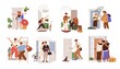 © Good Studio - Set of happy people leaving or returning home. Man, woman and kid going out of open door with bags for holiday, studying, to work or school. Flat vector illustration isolated on white background