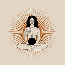 Mystical Composition With Girl In Lotus Position And Rays On A Light Background. Vector Illustration In Boho Style. Modern Laconic Art For Printing Posters, T-shirt  For Social Media Post And Stories.