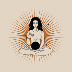 Poster - Mystical composition with girl in lotus position and rays on a light background. Vector illustration in boho style. Modern laconic art for printing posters, t-shirt  for social media post and stories.