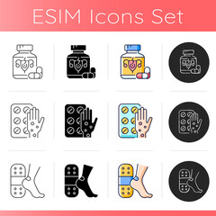 Sticker - Medication options icons set. Relieve painful menstruation. Antihistamine medication. Patches for blisters. Pills for period cramps. Linear, black and RGB color styles. Isolated vector illustrations