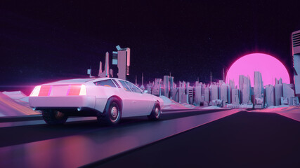 Wall Mural - RETRO CITY SKYLINE WITH CAR: Neon glowing sun, car and starry sky | Synthwave / Retrowave / Vaporwave Background | 3D Illustration