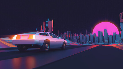 Wall Mural - RETRO CITY SKYLINE WITH CAR: Neon glowing sun, car and starry sky | Synthwave / Retrowave / Vaporwave Background | 3D Illustration