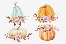 Autumn Pumpkins And Leaves In Watercolor Style