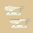 Set of hand drawn vector illustration Spanish dry-cured ham jamon cut off and whole on horizontal wooden stand. Vintage style clipart for menu branding logo design landing page