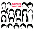 Set of fashionable haircuts and hairstyles for womens or girls. Vector modern black hair silhouettes, isolated on white background.