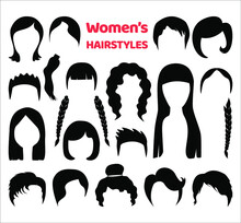 Set Of Fashionable Haircuts And Hairstyles For Womens Or Girls. Vector Modern Black Hair Silhouettes, Isolated On White Background.