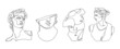 One line ancient greek sculptures. Greece mythology statues hand drawn continuous line, david goddess head torso, minimal fine line tattoo sketches. Vector art set