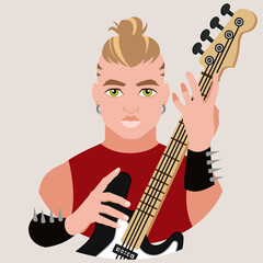 Fototapete - Avatar of a blond young guy with a bass guitar in his hand with studded wristbands. Bassist. Rock music. Flat vector illustration.