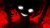 Fototapeta  - A sinister girl in the anime style smiles maliciously with fanged white teeth, her huge eyes glow in the dark, she has two katanas behind her back, on a blood-red background with many spots and blots