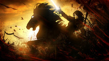 The Black Silhouette Of A Female Knight Rushing Into Battle With A Sword On A Powerful Black Horse, Around Her The Spears Of A Crow And The Madness Of The Battle. On The Background Of An Orange Sunset