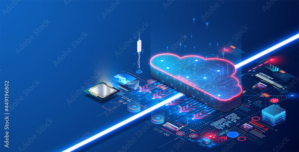 Cloud computing, big data. The concept of a data processing center, a cloud database, a server power plant of future. Digital information technologies. devices with online database. Stock illustration - obrazy, fototapety, plakaty 