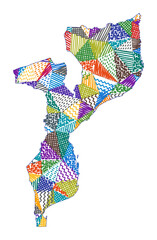 Kid style map of Mozambique. Hand drawn polygons in the shape of Mozambique. Vector illustration.