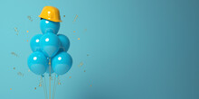 Air Balloons With A Protective Helmet On A Blue Background.
3D Render Template For The Builder's Day, Labor Day, The Building Company Anniversary Or A New Project Start Banner.