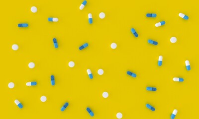 White  and blue pills and capsules falling on yellow background. Medicine and treatment concept. Drugs and antibiotics. Ideal for pharmacy and laboratory matters. 