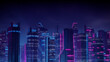Sci-fi City Skyline with Blue and Pink Neon lights. Night scene with Advanced Skyscrapers.