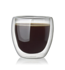 Hot black coffee in double wall glass cup
