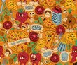 pizza seamless pattern, background with different cartoon characters for a pizzeria theme