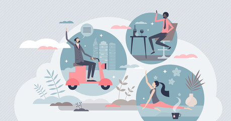 Social circle and different interests group connection tiny person concept. Communication and meetings together with various culture and ethnic connections vector illustration. People hobbies profiles