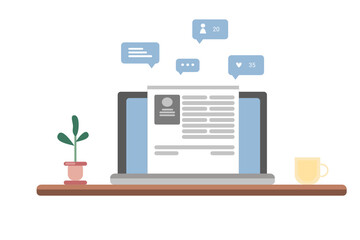 Flat vector illustration of a computer screen with icons such as like, share, messages. Blog style, article