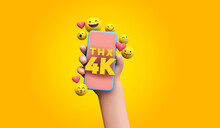 Thanks 4k Social Media Supporters. Cartoon Hand And Smartphone. 3D Render.