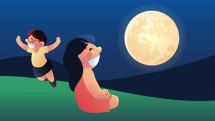 Canvas Print - cute little girl character looking at the moon