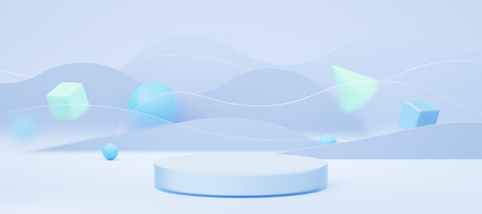 Wall Mural - Empty white glass cylinder podium on translucent glass, blue wave background. Abstract pastel minimal studio 3d geometric shape. Mockup space for display of product design. Paper cut style. 3d render.