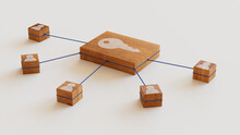 Security Technology Concept With Key Symbol On A Wooden Block. User Network Connections Are Represented With Blue String. White Background. 3D Render.
